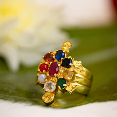 Gold Plated Navaratna Tortoise Ring in Panchdhatu - Adjustable Fit